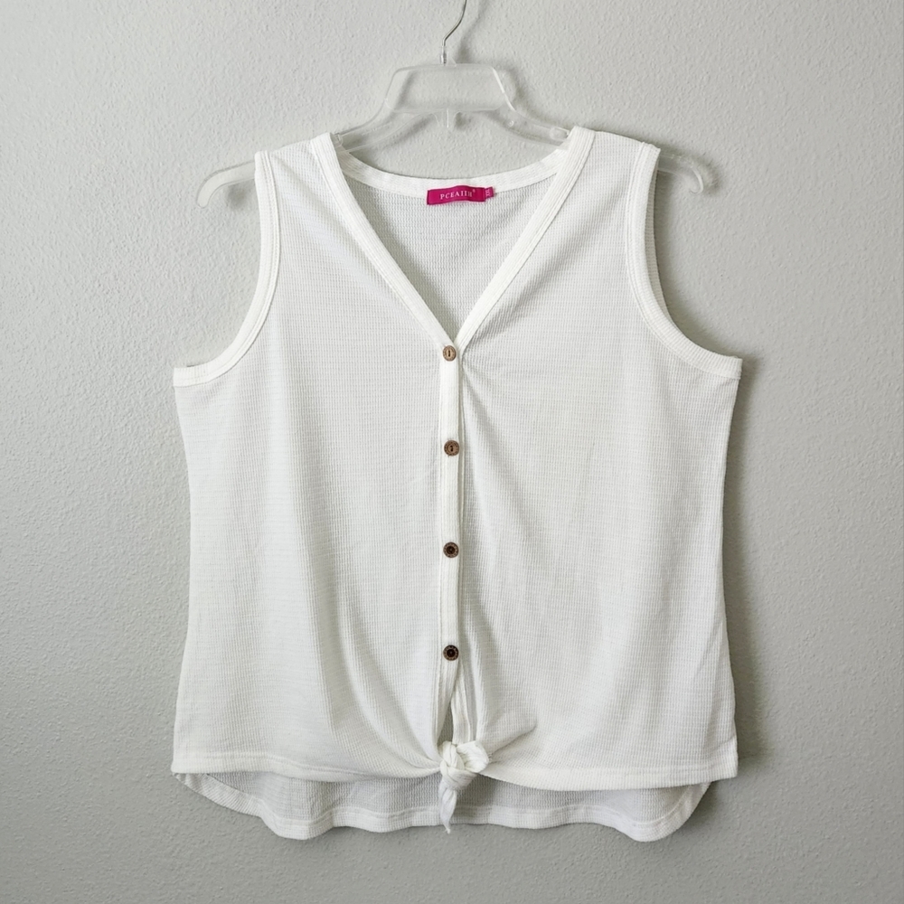 White Sleeveless Waffle Knit V-Neck Top With Brown Buttons, Ties At Waist,  XXL